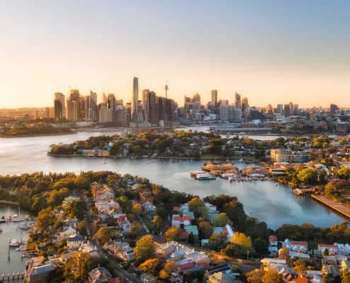 View across Ballast Point and Balmain East to the Sydney skyline